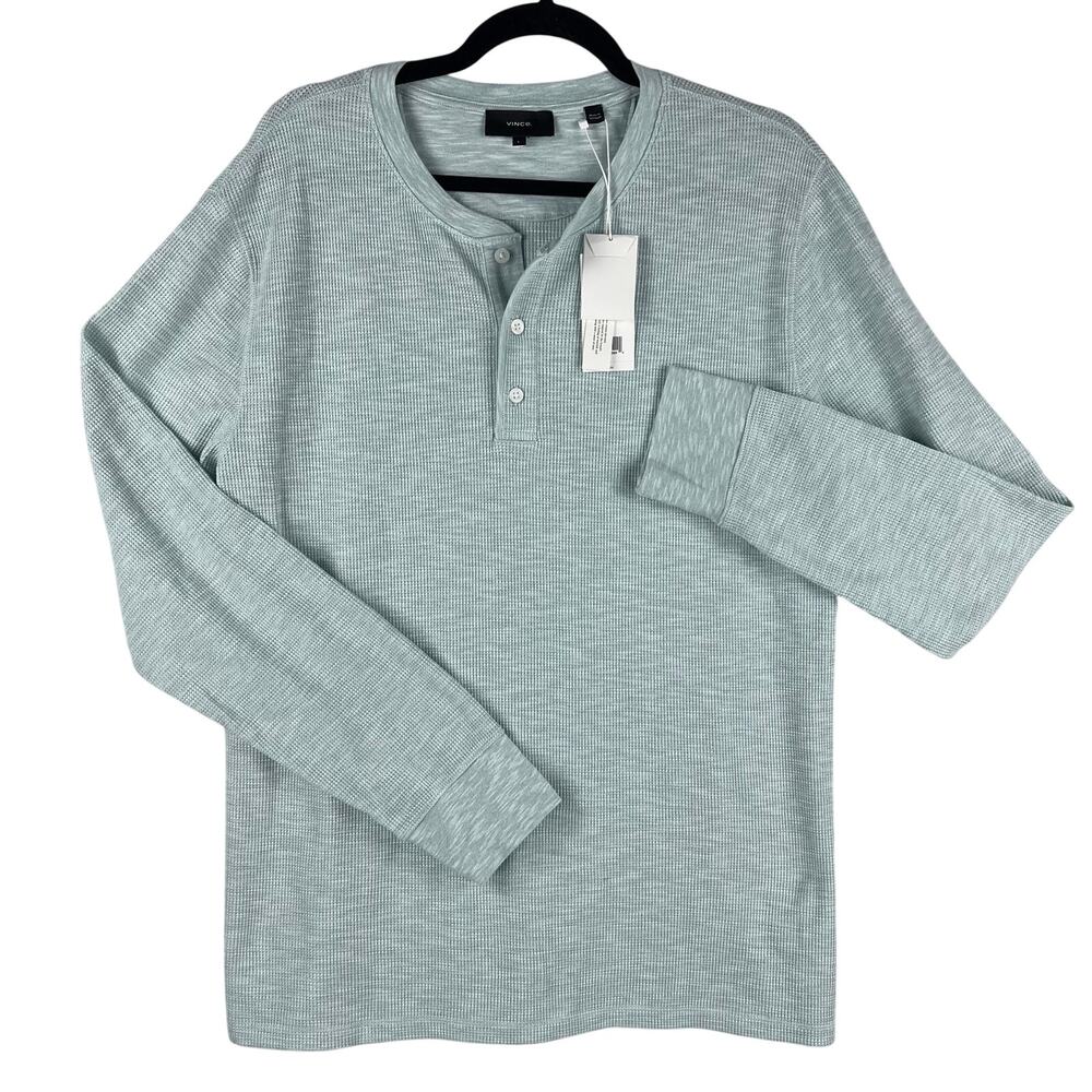 NWT Vince Mens Slub Thermal Henley SZ L Color Sea Blue Waffle Knit Long Sleeve
